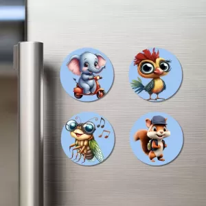 Elephant, Bird, Bee, And Squirrel. Fridge Magnets Ã¢â‚¬â€œ 4 Piece Set | 3 Inch Round Wall Fridge Decor (F23064)