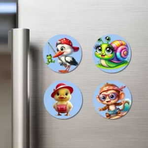 Stork, Snail, Duck, And Monkey. Fridge Magnets Ã¢â‚¬â€œ 4 Piece Set | 3 Inch Round Wall Fridge Decor (F23065)