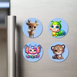 Deer, Caterpillar, Butterfly, And Leopard. Fridge Magnets Ã¢â‚¬â€œ 4 Piece Set | 3 Inch Round Wall Fridge Decor (F23068)