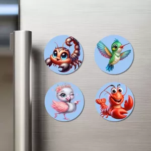 Scorpion, Hummingbird, Flamingo, And Lobster. Fridge Magnets – 4 Piece Set | 3 Inch Round Wall Fridge Decor (F23069) Scorpion, Hummingbird, Flamingo, And Lobster. Fridge Magnets – 4 Piece Set | 3 Inch Round Wall Fridge Decor (F23069)