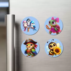 Birds, Turtle, Parrot, And Bee., Cow, Deer, And Panda. Fridge Magnets – 4 Piece Set | 3 Inch Round Wall Fridge Decor (F23070) Birds, Turtle, Parrot, And Bee., Cow, Deer, And Panda. Fridge Magnets – 4 Piece Set | 3 Inch Round Wall Fridge Decor (F23070)