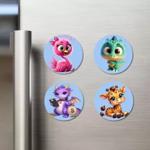 Flamingo, Dinosaur, Dragon, And Giraffe. Fridge Magnets Ã¢â‚¬â€œ 4 Piece Set | 3 Inch Round Wall Fridge Decor (F23071)