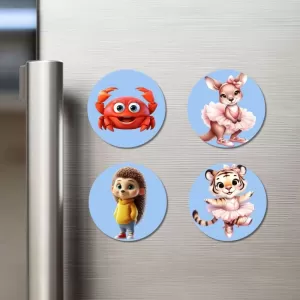 Crab, Kangaroo, Hedgehog, And Tiger. Fridge Magnets Ã¢â‚¬â€œ 4 Piece Set | 3 Inch Round Wall Fridge Decor (F23072)