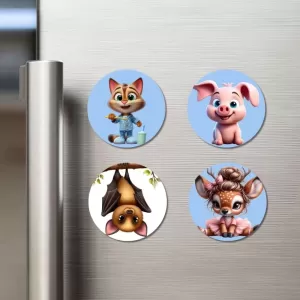 Cat, Pig, Bat, And Deer. Fridge Magnets – 4 Piece Set | 3 Inch Round Wall Fridge Decor (F23073) Cat, Pig, Bat, And Deer. Fridge Magnets – 4 Piece Set | 3 Inch Round Wall Fridge Decor (F23073)