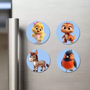 Chick, Dinosaur, Donkey, And Bird. Fridge Magnets – 4 Piece Set | 3 Inch Round Wall Fridge Decor (F23076) Chick, Dinosaur, Donkey, And Bird. Fridge Magnets – 4 Piece Set | 3 Inch Round Wall Fridge Decor (F23076)