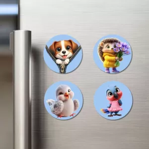 Dog, Hedgehog, Chick, And Bird. Fridge Magnets Ã¢â‚¬â€œ 4 Piece Set | 3 Inch Round Wall Fridge Decor (F23077)