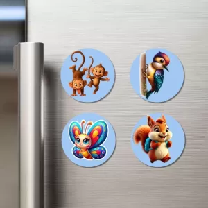 Monkeys, Woodpecker, Butterfly, And Squirrel. Fridge Magnets – 4 Piece Set | 3 Inch Round Wall Fridge Decor (F23079) Monkeys, Woodpecker, Butterfly, And Squirrel. Fridge Magnets – 4 Piece Set | 3 Inch Round Wall Fridge Decor (F23079)