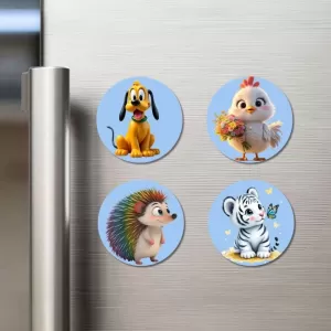 Dog, Chick, Hedgehog, And Tiger. Fridge Magnets – 4 Piece Set | 3 Inch Round Wall Fridge Decor (F23080) Dog, Chick, Hedgehog, And Tiger. Fridge Magnets – 4 Piece Set | 3 Inch Round Wall Fridge Decor (F23080)