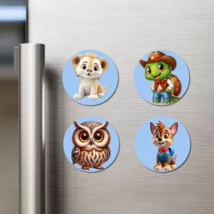 Lion, Turtle, Owl, And Dog. Fridge Magnets – 4 Piece Set | 3 Inch Round Wall Fridge Decor (F23082) Lion, Turtle, Owl, And Dog. Fridge Magnets – 4 Piece Set | 3 Inch Round Wall Fridge Decor (F23082)