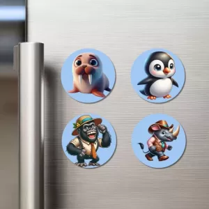 Walrus, Penguin, Gorilla, And Rhino. Fridge Magnets – 4 Piece Set | 3 Inch Round Wall Fridge Decor (F23083) Walrus, Penguin, Gorilla, And Rhino. Fridge Magnets – 4 Piece Set | 3 Inch Round Wall Fridge Decor (F23083)