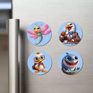 Dragonfly, Eagle, Duck, And Shark. Fridge Magnets Ã¢â‚¬â€œ 4 Piece Set | 3 Inch Round Wall Fridge Decor (F23084)