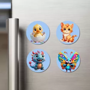 Chick, Cat, Dragon, And Butterfly. Fridge Magnets – 4 Piece Set | 3 Inch Round Wall Fridge Decor (F23089) Chick, Cat, Dragon, And Butterfly. Fridge Magnets – 4 Piece Set | 3 Inch Round Wall Fridge Decor (F23089)