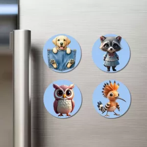 Dog, Raccoon, Owl, And Hoopoe. Fridge Magnets Ã¢â‚¬â€œ 4 Piece Set | 3 Inch Round Wall Fridge Decor (F23092)