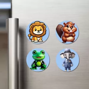 Lion, Beaver, Frog, And Elephant. Fridge Magnets – 4 Piece Set | 3 Inch Round Wall Fridge Decor (F23093) Lion, Beaver, Frog, And Elephant. Fridge Magnets – 4 Piece Set | 3 Inch Round Wall Fridge Decor (F23093)