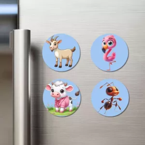 Goat, Flamingo, Cow, And Ant. Fridge Magnets – 4 Piece Set | 3 Inch Round Wall Fridge Decor (F23095) Goat, Flamingo, Cow, And Ant. Fridge Magnets – 4 Piece Set | 3 Inch Round Wall Fridge Decor (F23095)
