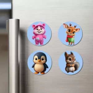 Bear, Deer, Penguin, And Squirrel. Fridge Magnets – 4 Piece Set | 3 Inch Round Wall Fridge Decor (F23097) Bear, Deer, Penguin, And Squirrel. Fridge Magnets – 4 Piece Set | 3 Inch Round Wall Fridge Decor (F23097)