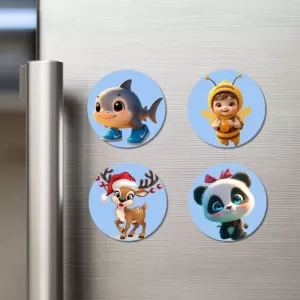Shark, Bee, Deer, And Panda. Fridge Magnets – 4 Piece Set | 3 Inch Round Wall Fridge Decor (F23099) Shark, Bee, Deer, And Panda. Fridge Magnets – 4 Piece Set | 3 Inch Round Wall Fridge Decor (F23099)