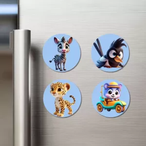 Zebra, Bird, Leopard, And Bear. Fridge Magnets – 4 Piece Set | 3 Inch Round Wall Fridge Decor (F23100) Zebra, Bird, Leopard, And Bear. Fridge Magnets – 4 Piece Set | 3 Inch Round Wall Fridge Decor (F23100)