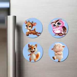 Deer, Owl, Squirrel, And Sheep. Fridge Magnets – 4 Piece Set | 3 Inch Round Wall Fridge Decor (F23101) Deer, Owl, Squirrel, And Sheep. Fridge Magnets – 4 Piece Set | 3 Inch Round Wall Fridge Decor (F23101)