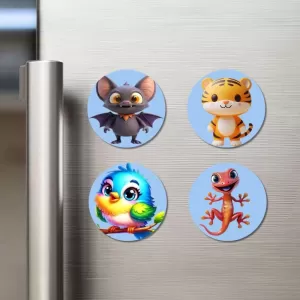Bat, Tiger, Bird, And Lizard. Fridge Magnets Ã¢â‚¬â€œ 4 Piece Set | 3 Inch Round Wall Fridge Decor (F23102)