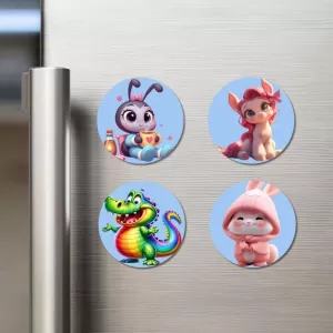 Butterfly, Sheep, Raccoon, And Bird. Fridge Magnets Ã¢â‚¬â€œ 4 Piece Set | 3 Inch Round Wall Fridge Decor (F23103)