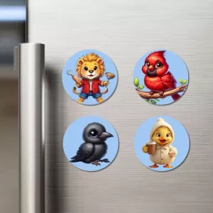 Lion, Cardinal, Crow, And Chick. Fridge Magnets – 4 Piece Set | 3 Inch Round Wall Fridge Decor (F23104) Lion, Cardinal, Crow, And Chick. Fridge Magnets – 4 Piece Set | 3 Inch Round Wall Fridge Decor (F23104)