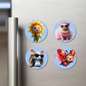 Sun, Pig, Mouse, And Ladybug. Fridge Magnets Ã¢â‚¬â€œ 4 Piece Set | 3 Inch Round Wall Fridge Decor (F23106)