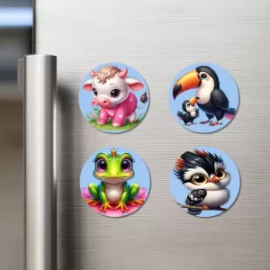Cow, Toucan, Frog, And Bird. Fridge Magnets – 4 Piece Set | 3 Inch Round Wall Fridge Decor (F23107) Cow, Toucan, Frog, And Bird. Fridge Magnets – 4 Piece Set | 3 Inch Round Wall Fridge Decor (F23107)