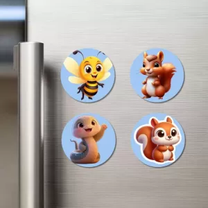 Bee, Squirrel, Seal, And Squirrel. Fridge Magnets – 4 Piece Set | 3 Inch Round Wall Fridge Decor (F23108) Bee, Squirrel, Seal, And Squirrel. Fridge Magnets – 4 Piece Set | 3 Inch Round Wall Fridge Decor (F23108)