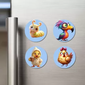 Caterpillar, Bird, Chick, And Chicken. Fridge Magnets Ã¢â‚¬â€œ 4 Piece Set | 3 Inch Round Wall Fridge Decor (F23110)