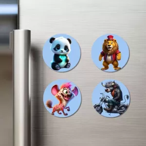 Panda, Lion, Hyena, And Bull. Fridge Magnets Ã¢â‚¬â€œ 4 Piece Set | 3 Inch Round Wall Fridge Decor (F23132)