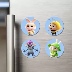 Rabbit, Bee, Monster, And Rabbit. Fridge Magnets Ã¢â‚¬â€œ 4 Piece Set | 3 Inch Round Wall Fridge Decor (F23134)