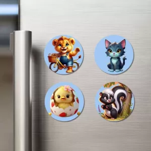 Lion, Cat, Chick, And Skunk. Fridge Magnets – 4 Piece Set | 3 Inch Round Wall Fridge Decor (F23137) Lion, Cat, Chick, And Skunk. Fridge Magnets – 4 Piece Set | 3 Inch Round Wall Fridge Decor (F23137)