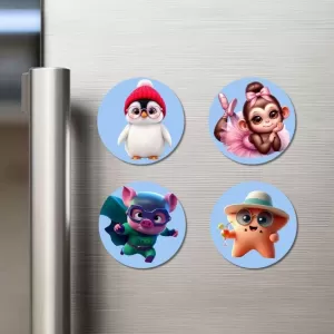 Penguin, Monkey, Pig, And Starfish. Fridge Magnets Ã¢â‚¬â€œ 4 Piece Set | 3 Inch Round Wall Fridge Decor (F23138)