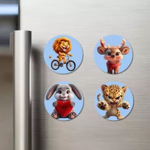 Lion, Deer, Rabbit, And Leopard. Fridge Magnets Ã¢â‚¬â€œ 4 Piece Set | 3 Inch Round Wall Fridge Decor (F23139)