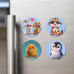 Goat And Tiger, Meerkat, Monster, And Penguin. Fridge Magnets Ã¢â‚¬â€œ 4 Piece Set | 3 Inch Round Wall Fridge Decor (F23140)