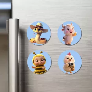 Snake, Cow, Bee, And Chick. Fridge Magnets – 4 Piece Set | 3 Inch Round Wall Fridge Decor (F23142) Snake, Cow, Bee, And Chick. Fridge Magnets – 4 Piece Set | 3 Inch Round Wall Fridge Decor (F23142)