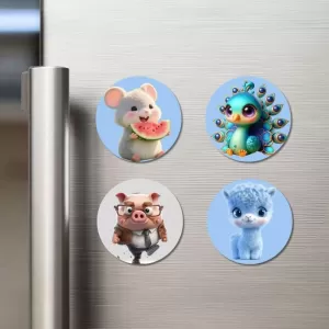 Mouse, Peacock, Pig, And Llama. Fridge Magnets – 4 Piece Set | 3 Inch Round Wall Fridge Decor (F23143) Mouse, Peacock, Pig, And Llama. Fridge Magnets – 4 Piece Set | 3 Inch Round Wall Fridge Decor (F23143)