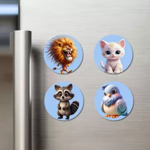 Lion, Cat, Raccoon, And Bird. Fridge Magnets – 4 Piece Set | 3 Inch Round Wall Fridge Decor (F23145) Lion, Cat, Raccoon, And Bird. Fridge Magnets – 4 Piece Set | 3 Inch Round Wall Fridge Decor (F23145)