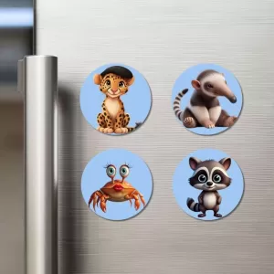 Leopard, Anteater, Crab, And Raccoon. Fridge Magnets Ã¢â‚¬â€œ 4 Piece Set | 3 Inch Round Wall Fridge Decor (F23147)