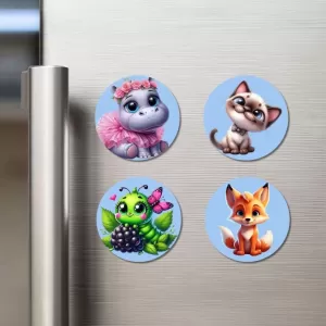 Hippo, Cat, Caterpillar, And Fox. Fridge Magnets – 4 Piece Set | 3 Inch Round Wall Fridge Decor (F23148) Hippo, Cat, Caterpillar, And Fox. Fridge Magnets – 4 Piece Set | 3 Inch Round Wall Fridge Decor (F23148)