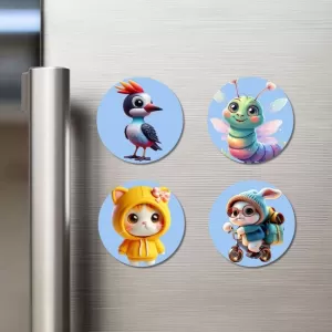 Woodpecker, Caterpillar, Cat In Raincoat, Rabbit On Scooter Fridge Magnets Ã¢â‚¬â€œ 4 Piece Set | 3 Inch Round Wall Fridge Decor (F23155)