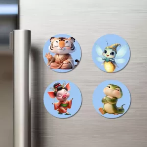 Tiger, Fairy, Pig, Snake Fridge Magnets – 4 Piece Set | 3 Inch Round Wall Fridge Decor (F23156) Tiger, Fairy, Pig, Snake Fridge Magnets – 4 Piece Set | 3 Inch Round Wall Fridge Decor (F23156)