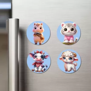 Horse, White Tiger, Calf, Lamb Fridge Magnets – 4 Piece Set | 3 Inch Round Wall Fridge Decor (F23159) Horse, White Tiger, Calf, Lamb Fridge Magnets – 4 Piece Set | 3 Inch Round Wall Fridge Decor (F23159)