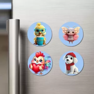 Chick, Butterfly Fairy, Rooster, Puppy Fridge Magnets Ã¢â‚¬â€œ 4 Piece Set | 3 Inch Round Wall Fridge Decor (F23160)