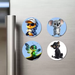 Duckling, Koala, Firefly, Panther Cub Fridge Magnets Ã¢â‚¬â€œ 4 Piece Set | 3 Inch Round Wall Fridge Decor (F23161)