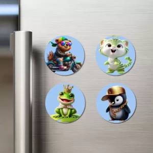 Biker Bear, Green Kitten, Frog Prince, Rapper Penguin Fridge Magnets – 4 Piece Set | 3 Inch Round Wall Fridge Decor (F23162) Biker Bear, Green Kitten, Frog Prince, Rapper Penguin Fridge Magnets – 4 Piece Set | 3 Inch Round Wall Fridge Decor (F23162)