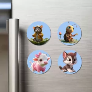 Mouse, Cricket, Calf, Wolf Fridge Magnets Ã¢â‚¬â€œ 4 Piece Set | 3 Inch Round Wall Fridge Decor (F23163)