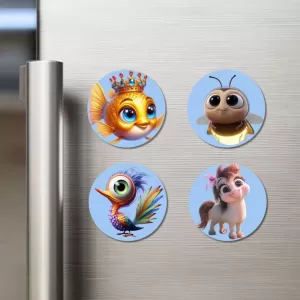 Goldfish, Firefly, Peacock, Pony Fridge Magnets Ã¢â‚¬â€œ 4 Piece Set | 3 Inch Round Wall Fridge Decor (F23164)