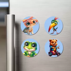 Turtle, Woodpecker, Frog, Bear Fridge Magnets – 4 Piece Set | 3 Inch Round Wall Fridge Decor (F23165) Turtle, Woodpecker, Frog, Bear Fridge Magnets – 4 Piece Set | 3 Inch Round Wall Fridge Decor (F23165)